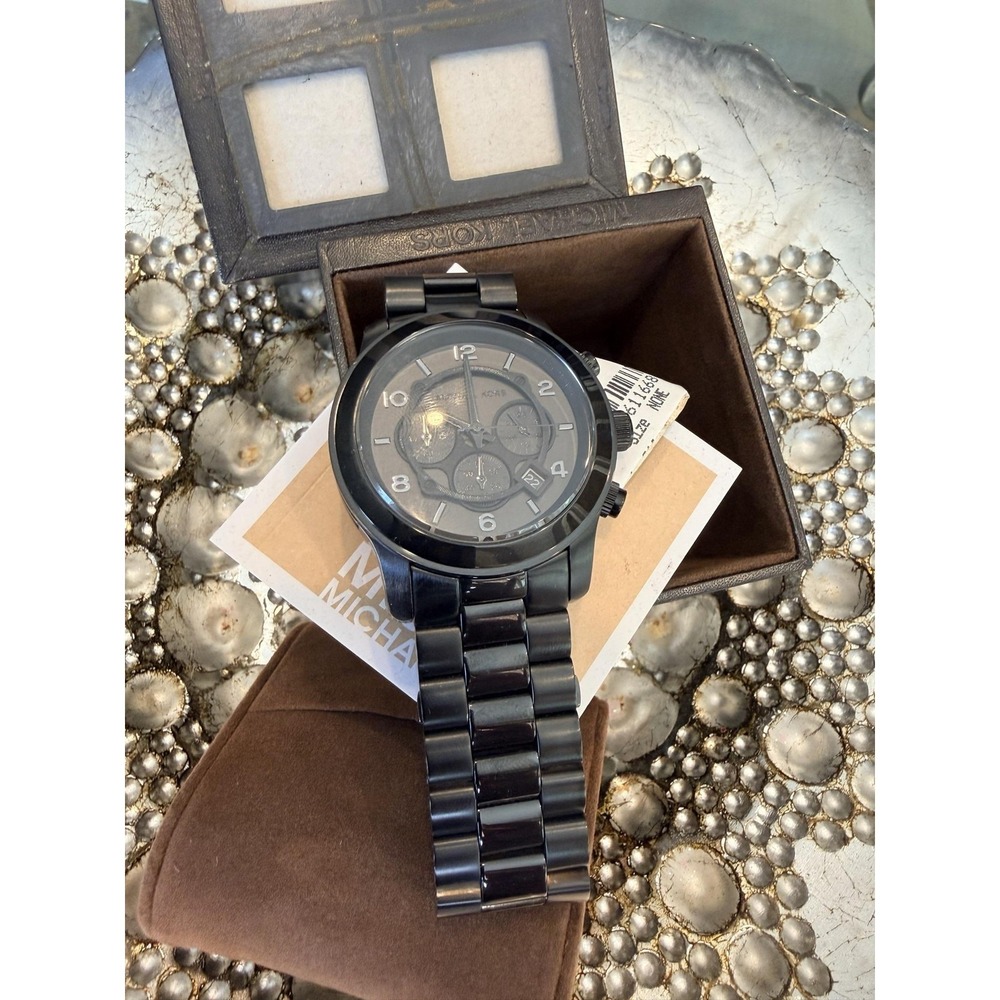 Michael Kors Runway Black Steel Chronograph Black Dial Mens Watch MK8157 w/ Box